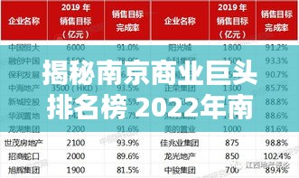 揭秘南京商业巨头排名榜 2022年南京公司实力榜单揭晓
